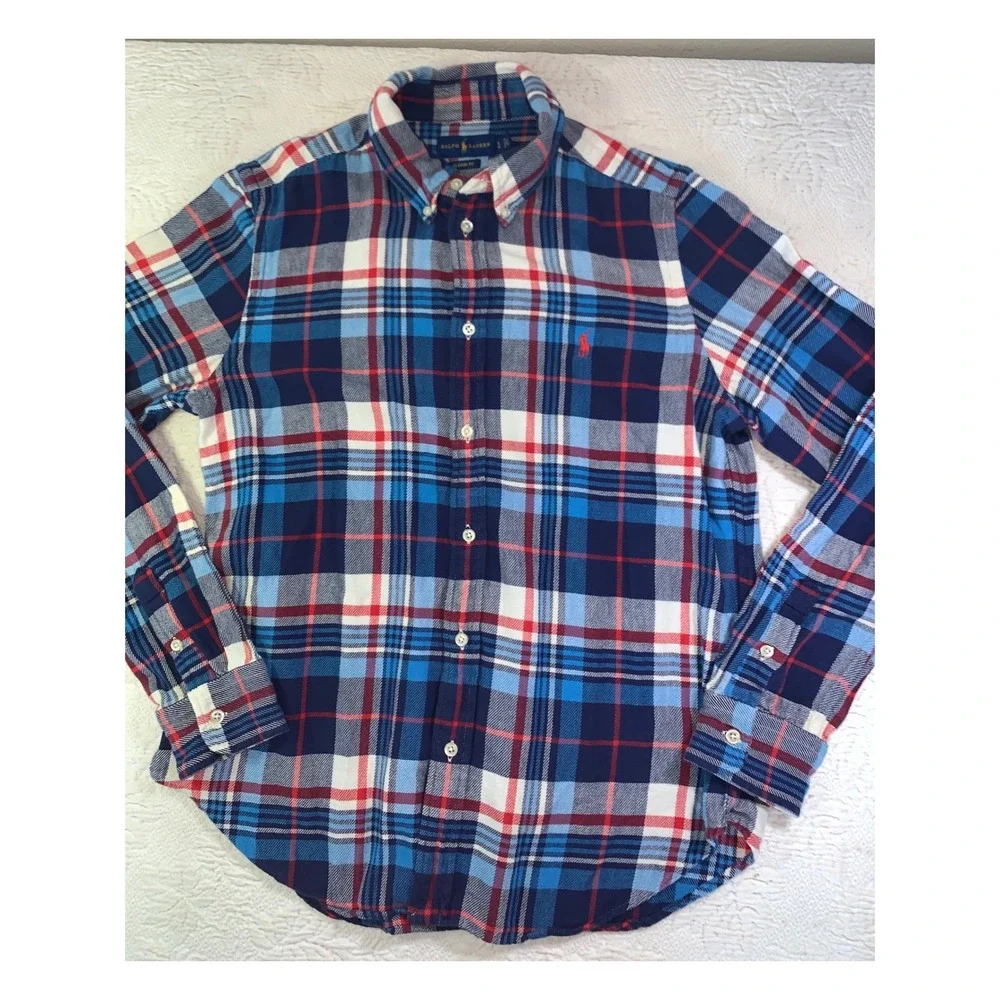 Polo Ralph Lauren Mens Flannel Shirt L Classic Fit Blue Red Plaid Button Down